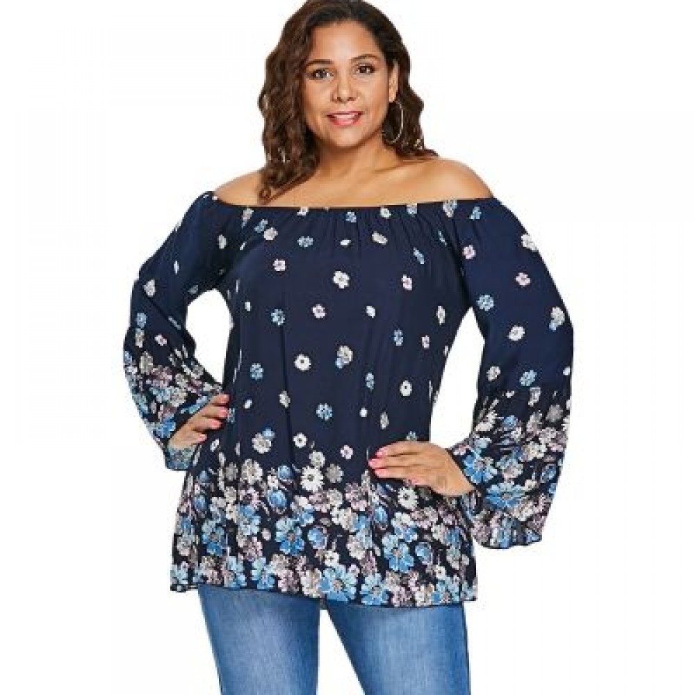 Plus Size Flower Pattern Bell Sleeve Blouse (CADETBLUE)