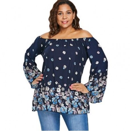 Plus Size Flower Pattern Bell Sleeve Blouse (CADETBLUE)