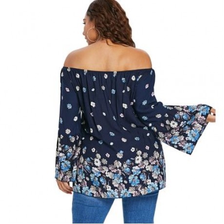 Plus Size Flower Pattern Bell Sleeve Blouse (CADETBLUE)