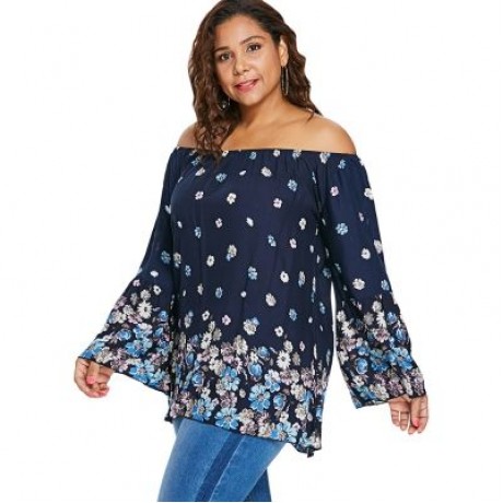 Plus Size Flower Pattern Bell Sleeve Blouse (CADETBLUE)