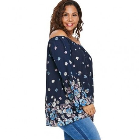 Plus Size Flower Pattern Bell Sleeve Blouse (CADETBLUE)