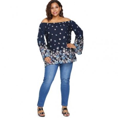 Plus Size Flower Pattern Bell Sleeve Blouse (CADETBLUE)