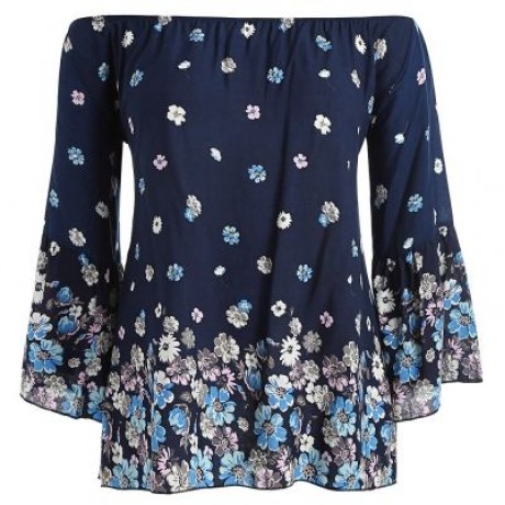Plus Size Flower Pattern Bell Sleeve Blouse (CADETBLUE)