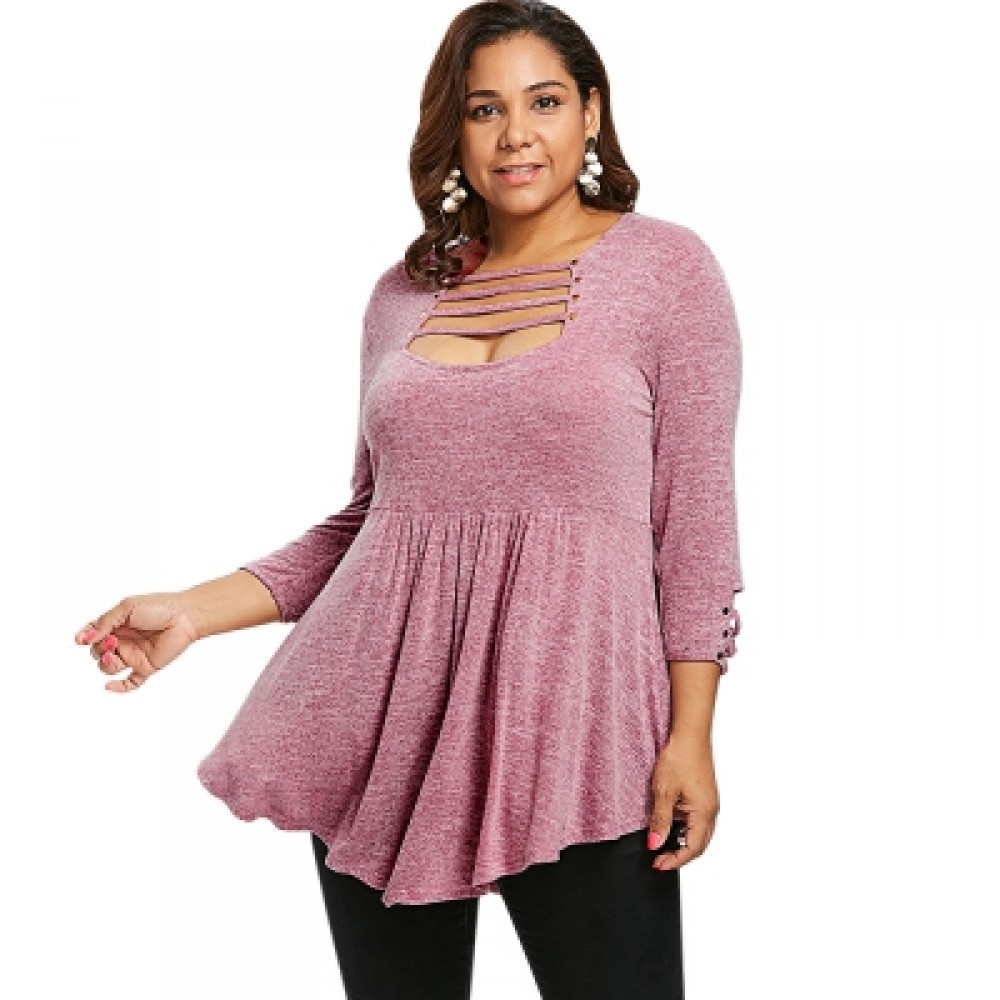 Plus Size Ladder Cut Out A Line T-shirt (LIPSTICK PINK)