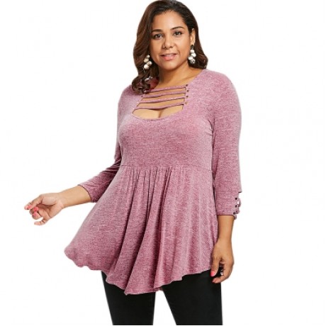 Plus Size Ladder Cut Out A Line T-shirt (LIPSTICK PINK)