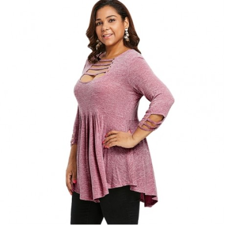 Plus Size Ladder Cut Out A Line T-shirt (LIPSTICK PINK)