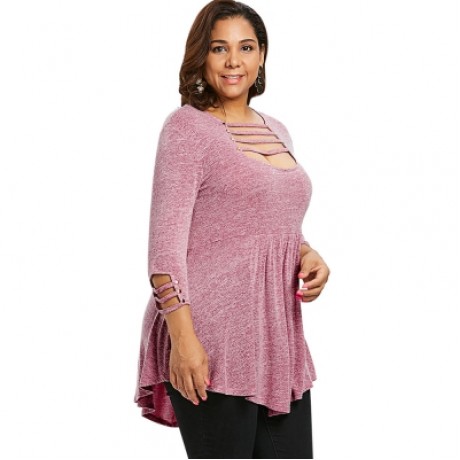 Plus Size Ladder Cut Out A Line T-shirt (LIPSTICK PINK)