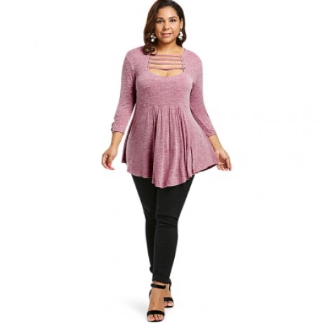 Plus Size Ladder Cut Out A Line T-shirt (LIPSTICK PINK)