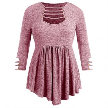Plus Size Ladder Cut Out A Line T-shirt (LIPSTICK PINK)