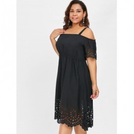 Plus Size Square Neck Cutwork Knee Length Dress (BLACK)