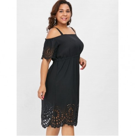 Plus Size Square Neck Cutwork Knee Length Dress (BLACK)