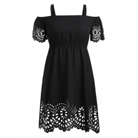 Plus Size Square Neck Cutwork Knee Length Dress (BLACK)