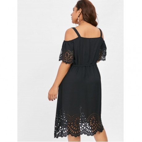 Plus Size Square Neck Cutwork Knee Length Dress (BLACK)