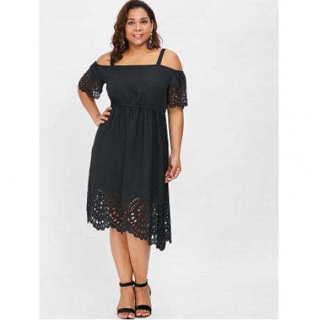 Plus Size Square Neck Cutwork Knee Length Dress (BLACK)