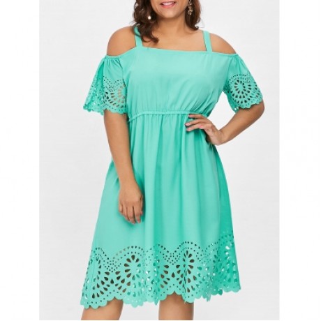 Plus Size Square Neck Cutwork Knee Length Dress (MINT GREEN)