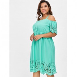 Plus Size Square Neck Cutwork Knee Length Dress (MINT GREEN)