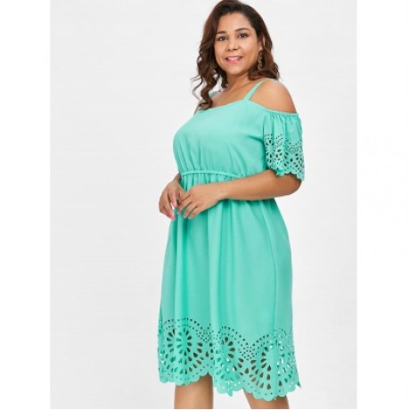 Plus Size Square Neck Cutwork Knee Length Dress (MINT GREEN)
