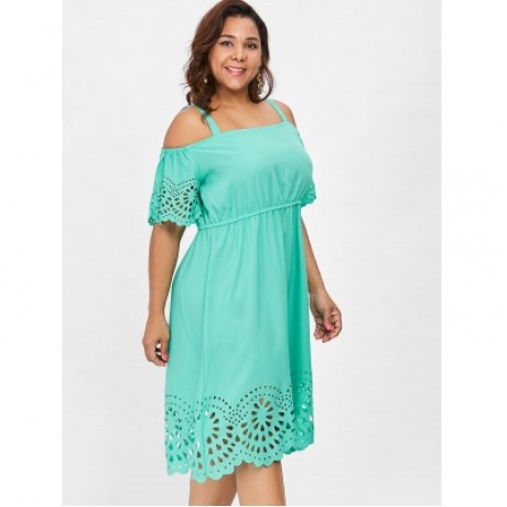 Plus Size Square Neck Cutwork Knee Length Dress (MINT GREEN)