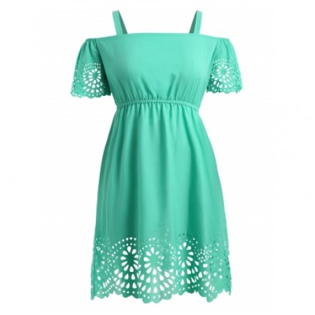 Plus Size Square Neck Cutwork Knee Length Dress (MINT GREEN)