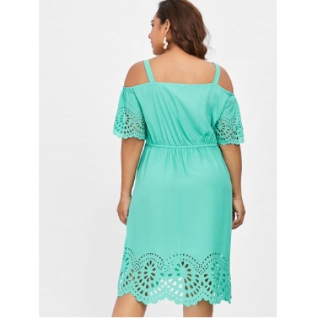 Plus Size Square Neck Cutwork Knee Length Dress (MINT GREEN)