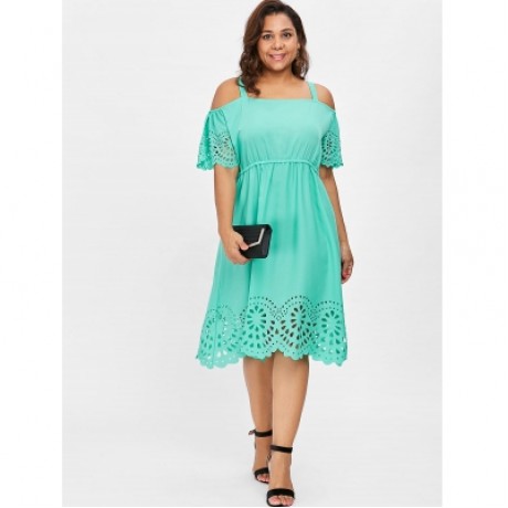 Plus Size Square Neck Cutwork Knee Length Dress (MINT GREEN)