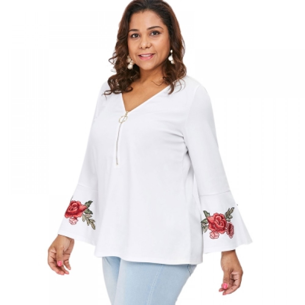 Plus Size Zipper Bell Sleeve Embroidered V Neck Blouse (WHITE)