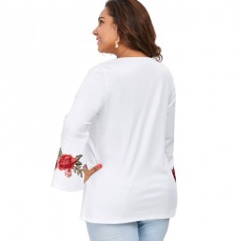Plus Size Zipper Bell Sleeve Embroidered V Neck Blouse (WHITE)