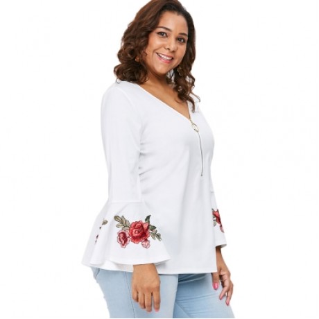Plus Size Zipper Bell Sleeve Embroidered V Neck Blouse (WHITE)