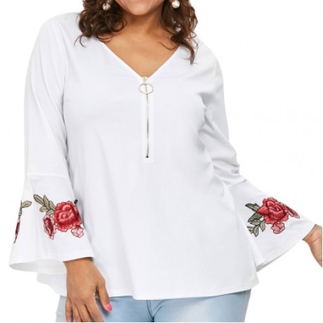 Plus Size Zipper Bell Sleeve Embroidered V Neck Blouse (WHITE)