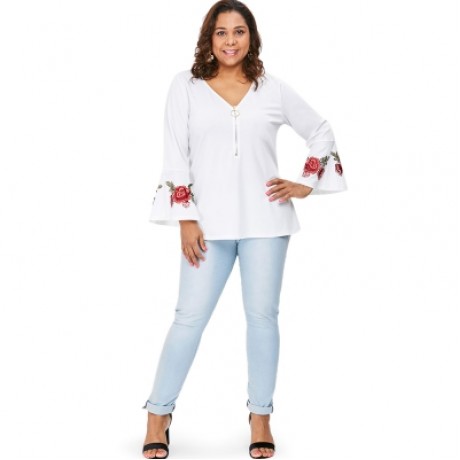 Plus Size Zipper Bell Sleeve Embroidered V Neck Blouse (WHITE)