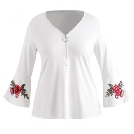 Plus Size Zipper Bell Sleeve Embroidered V Neck Blouse (WHITE)