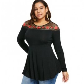 Plus Size Hollow Out Floral Patch Long Sleeve Top (BLACK)