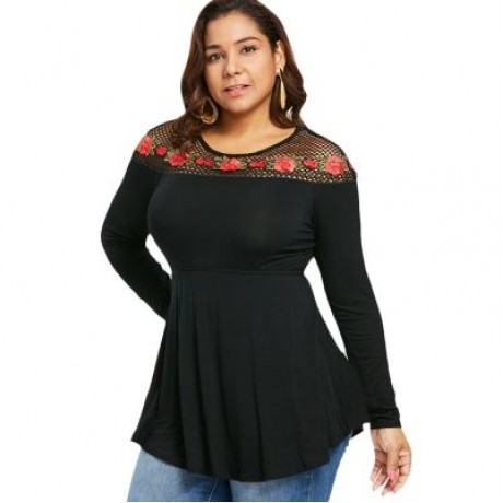 Plus Size Hollow Out Floral Patch Long Sleeve Top (BLACK)