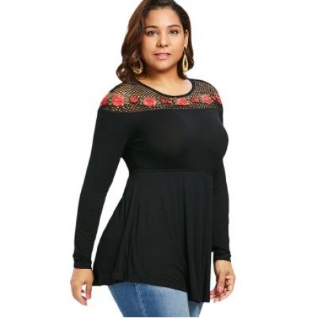 Plus Size Hollow Out Floral Patch Long Sleeve Top (BLACK)
