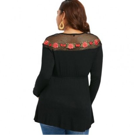 Plus Size Hollow Out Floral Patch Long Sleeve Top (BLACK)