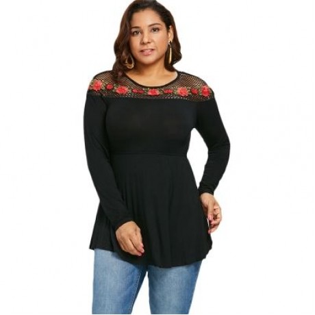 Plus Size Hollow Out Floral Patch Long Sleeve Top (BLACK)