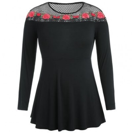 Plus Size Hollow Out Floral Patch Long Sleeve Top (BLACK)