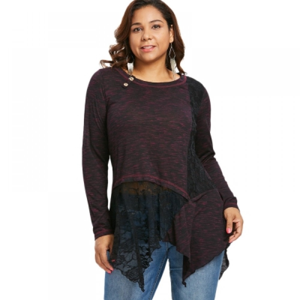 Plus Size Lace Insert Buttoned Asymmetric Top (RED)