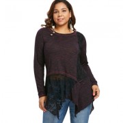 Plus Size Lace Insert Buttoned Asymmetric Top (RED)
