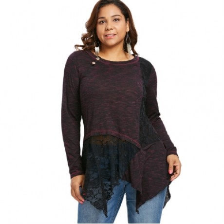 Plus Size Lace Insert Buttoned Asymmetric Top (RED)