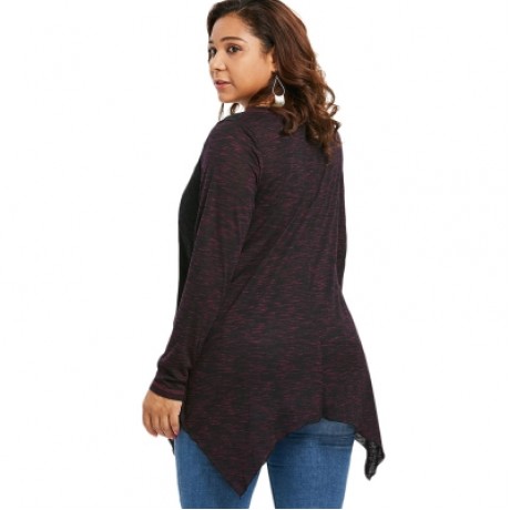 Plus Size Lace Insert Buttoned Asymmetric Top (RED)
