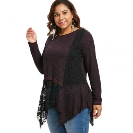 Plus Size Lace Insert Buttoned Asymmetric Top (RED)