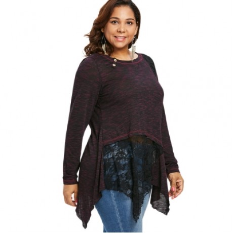Plus Size Lace Insert Buttoned Asymmetric Top (RED)