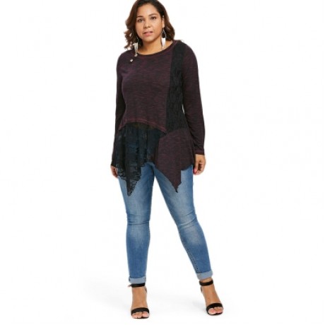 Plus Size Lace Insert Buttoned Asymmetric Top (RED)