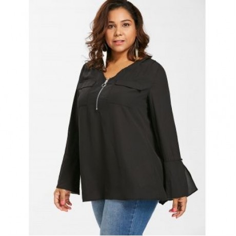 Plus Size Flare Sleeve Half Zip Blouse (BLACK)