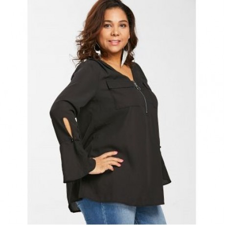 Plus Size Flare Sleeve Half Zip Blouse (BLACK)
