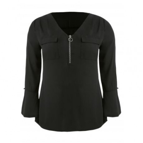 Plus Size Flare Sleeve Half Zip Blouse (BLACK)