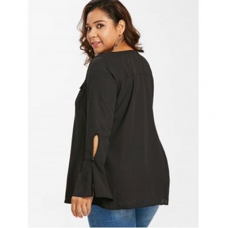 Plus Size Flare Sleeve Half Zip Blouse (BLACK)