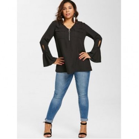 Plus Size Flare Sleeve Half Zip Blouse (BLACK)