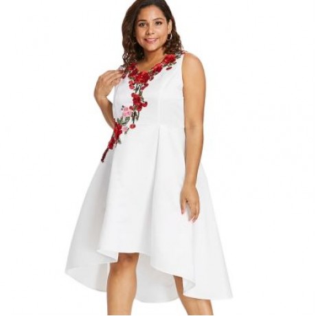 Plus Size Embroidery V Neck Dress (WHITE)